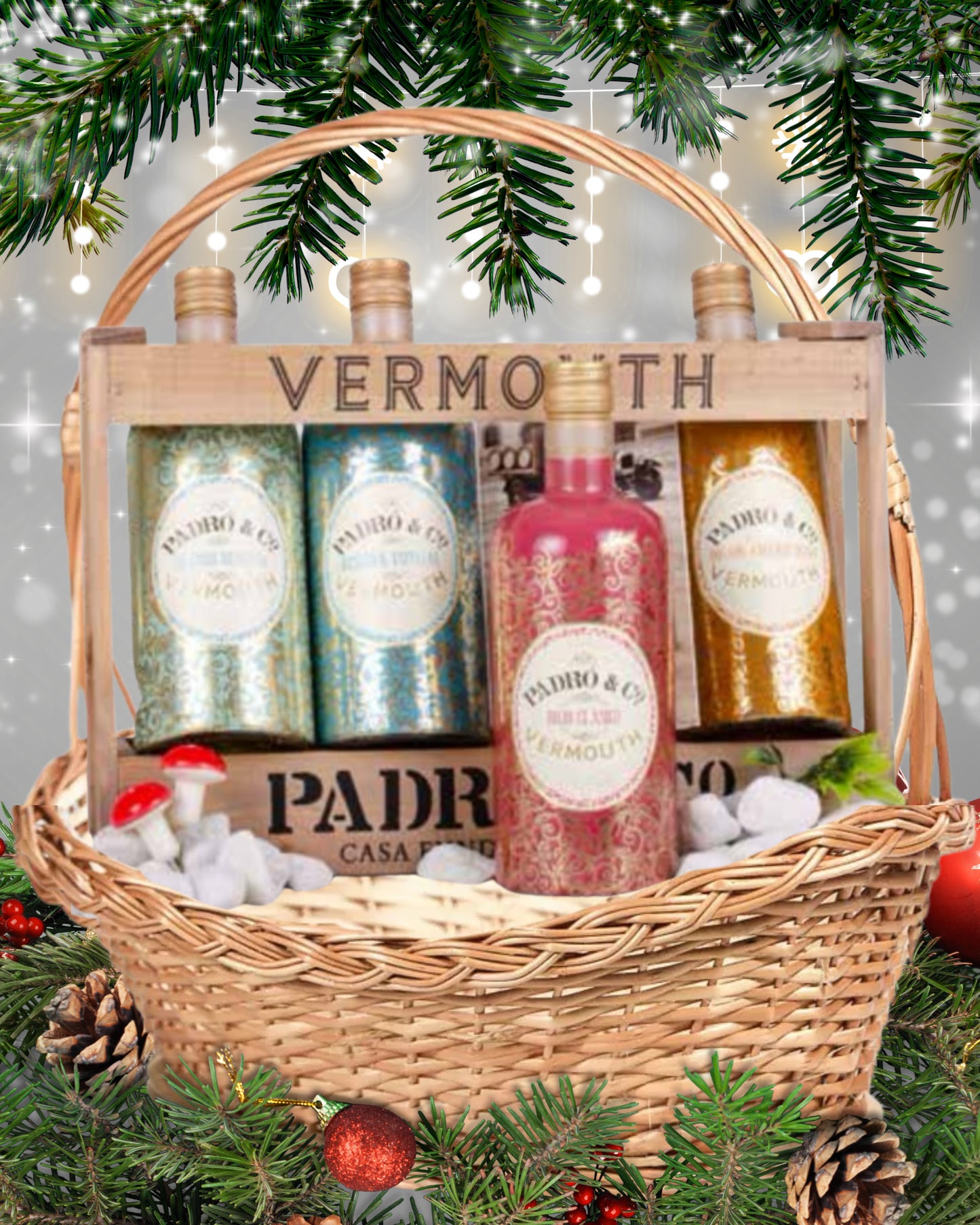 LOTE 60 – Expositor Vermouth Padró & Co. (4 Botellas 0,75 L en caja de madera)