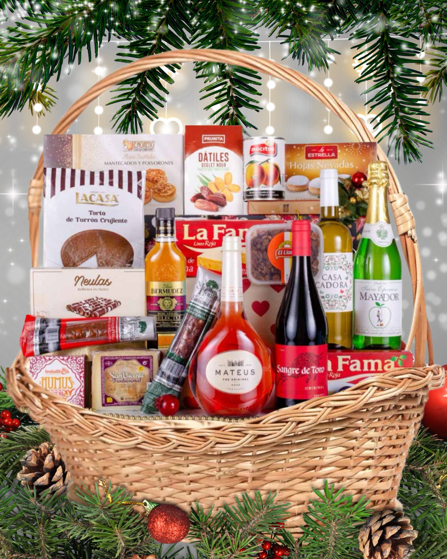 LOTE 67 – Cesta Premium con Ibéricos, Licores y Dulces